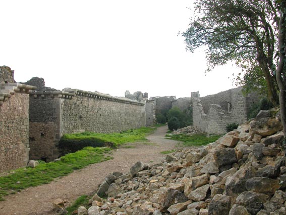 Nus pouvons voir le chemin de ronde constitu de dalles poses sur des corbeaux, le long du mur Nord.