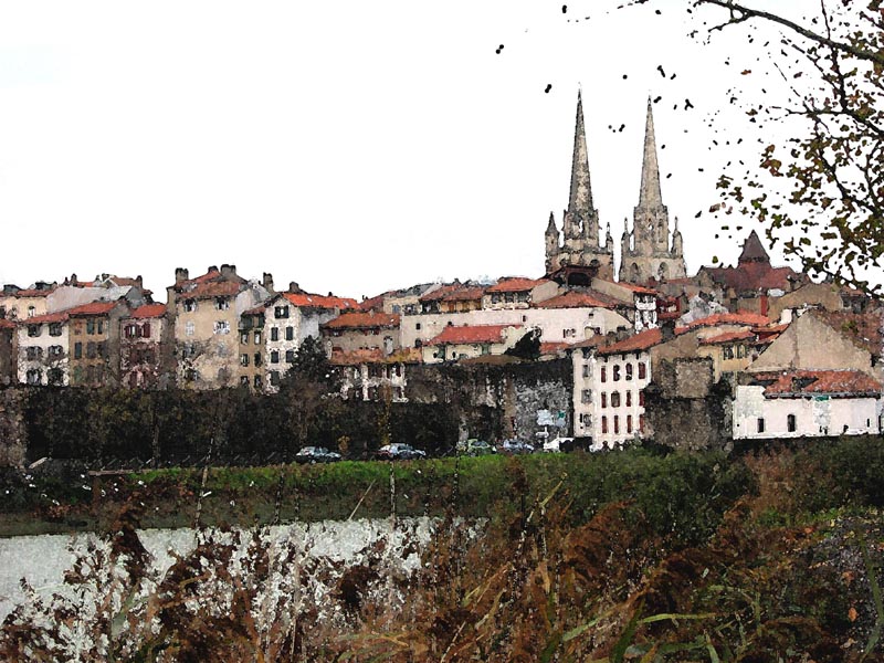 La Nive et le Grand bayonne, dominés par les flèches de la cathédrale Sainte Marie...