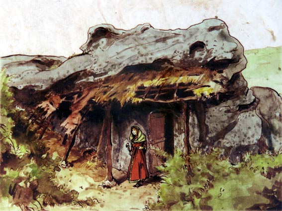 Quelques orifices dans la roche permettent d'imaginer qu'un auvent constitué d'une ossature bois, protégeait l'entrée de l'habitation (illustration sur le panneau d'information)