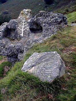 Croix grave dans un rocher, surmonte d'un arbre de vie, oiseau tenant un poisson dans son bec.